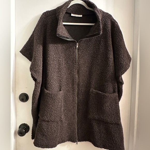 Bryn Walker Pip Wool Blend Brown Zip Front Oversized Poncho, Large Lagenlook - Picture 2 of 7